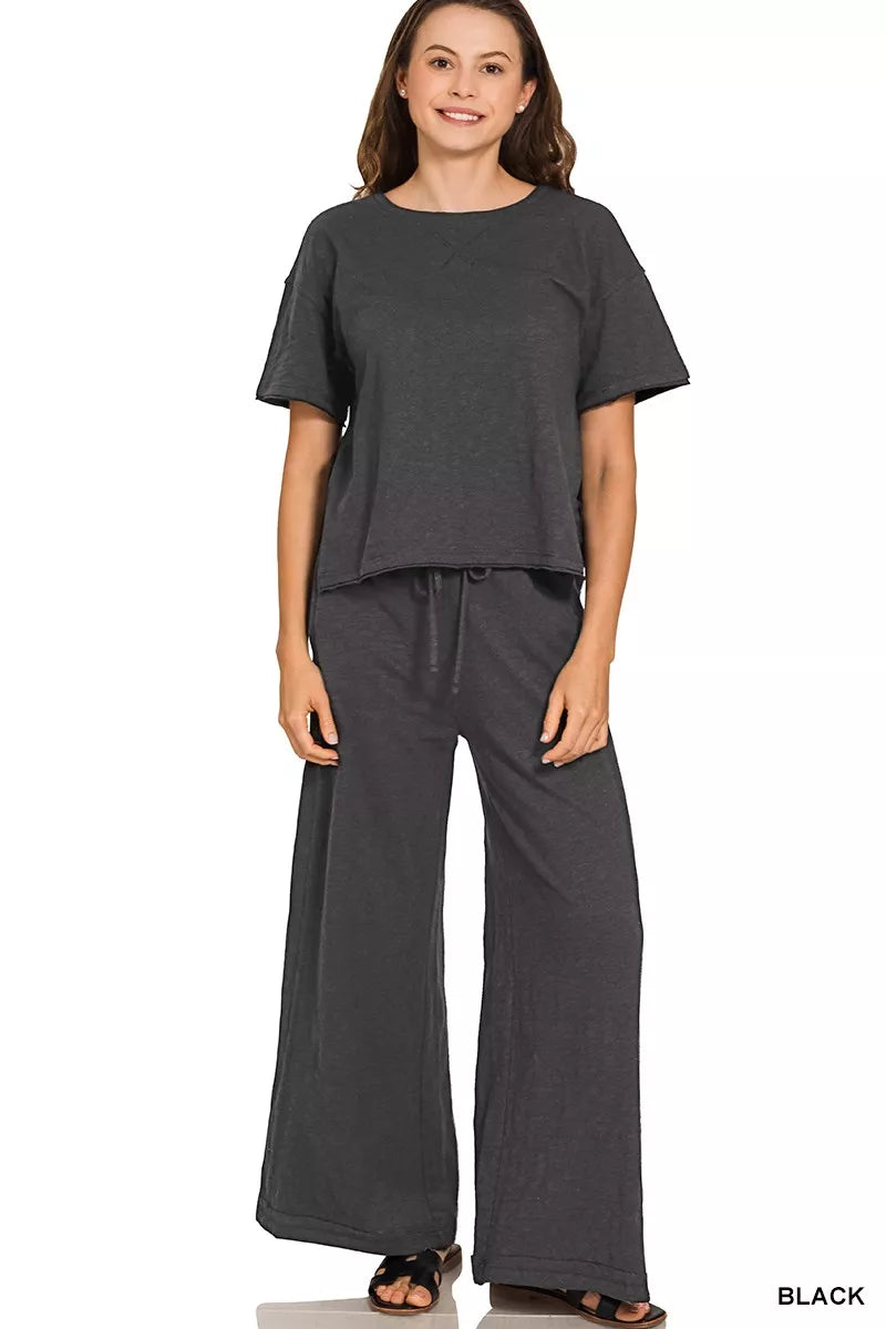 Black Zenana Cotton Slub Short Sleeve Tee And Pants Set 2
