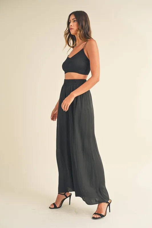 Black Mable Smocked Bralette Crop Top And Wide Leg Pants Set