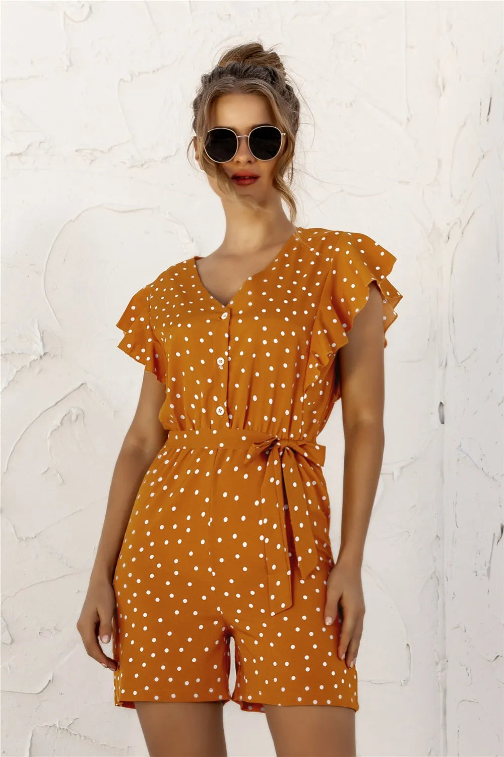 Mustard Ruffled Polka Dot Half Button Romper