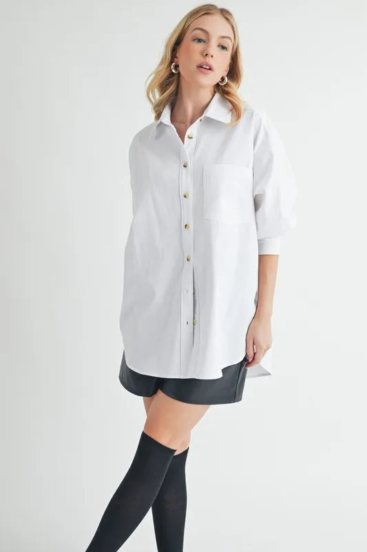 White Aemi Co High Low Collared Neck Drop Shoulder Shirt