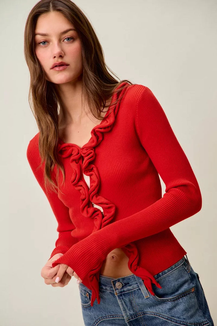 So Me Cascade Ruffle Ribbed Sweater Cardgian