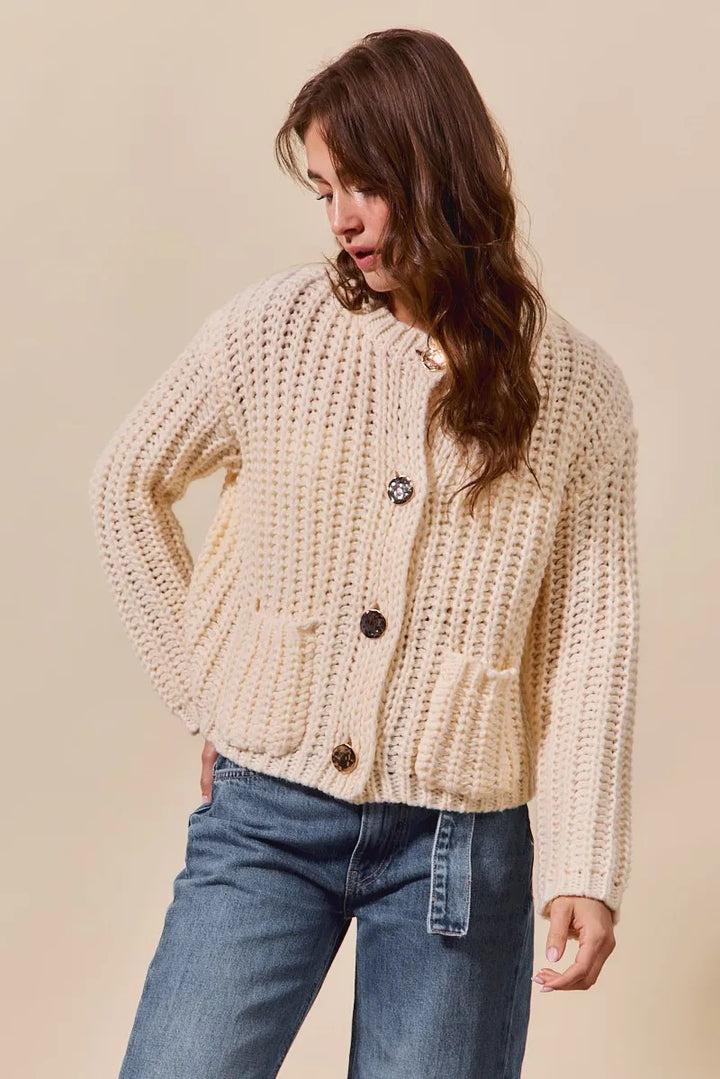 So Me Metal Button Long Sleeve Chunky Sweater Cardigan