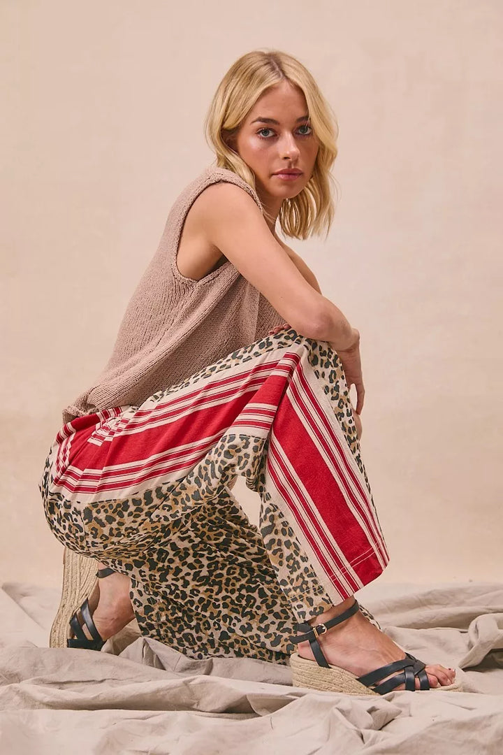 Bibi Leopard Print Pants With Side Contrast And Tucking Welt Pocke