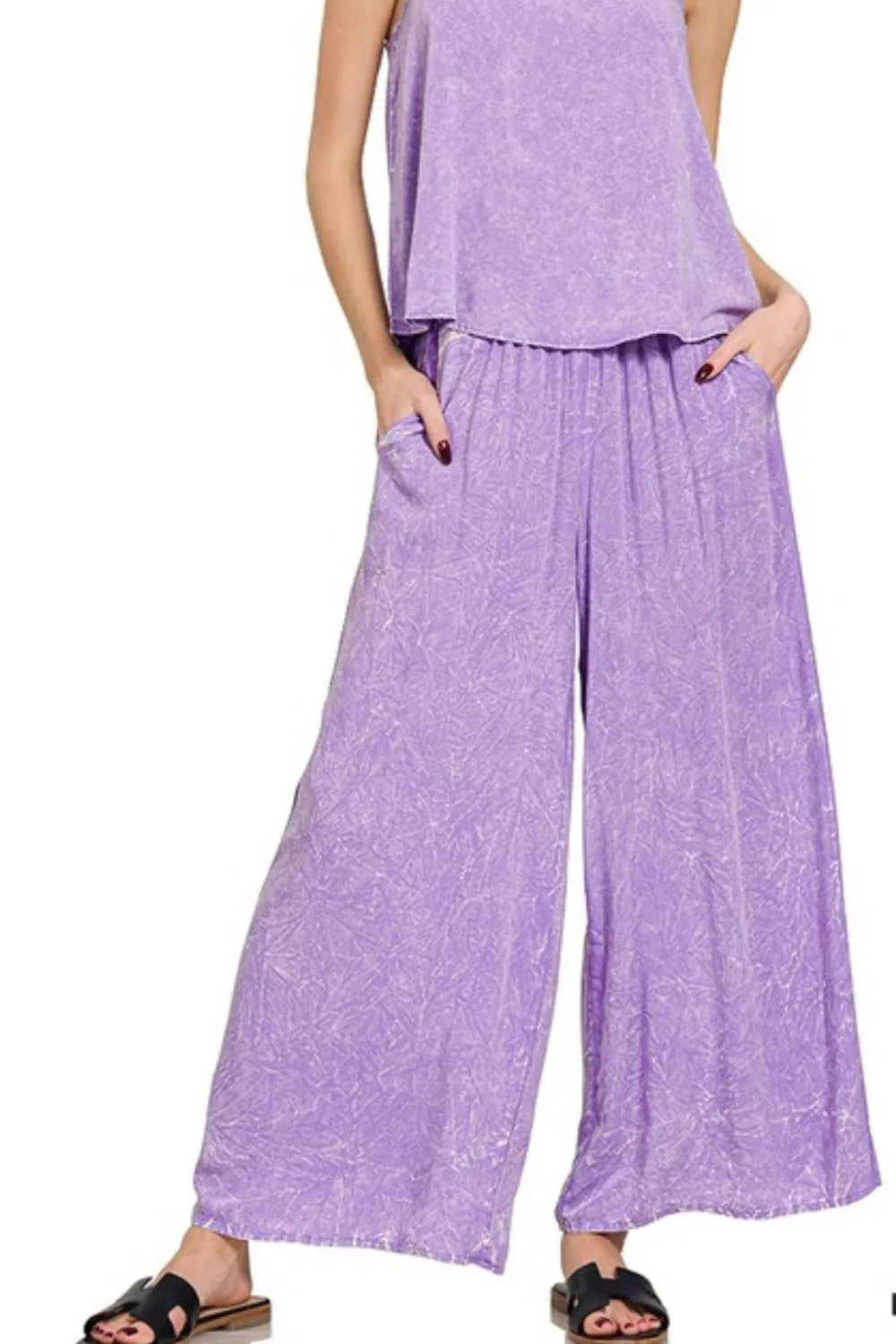 Lavender Zenana Woven Acid Crinkle Washed Cami Pants 2 Piece Set 1