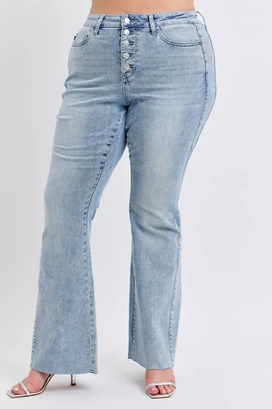 Lt Judy Blue Full Size Mid Rise Rhinestone Side Panel Detail Flare Jeans Plus Size