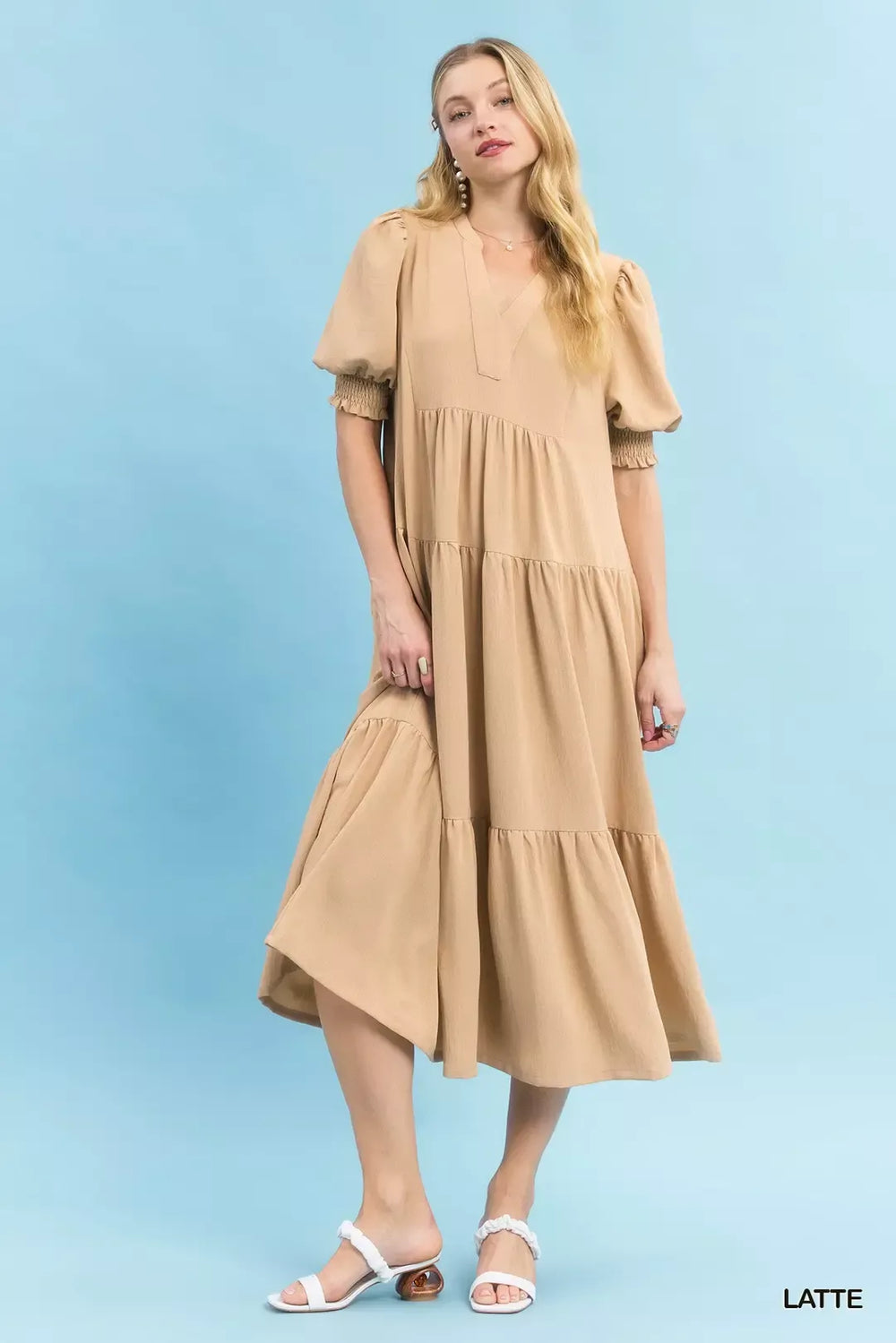 Latte Umgee V Neck Puff Sleeve Tiered Midi Dress