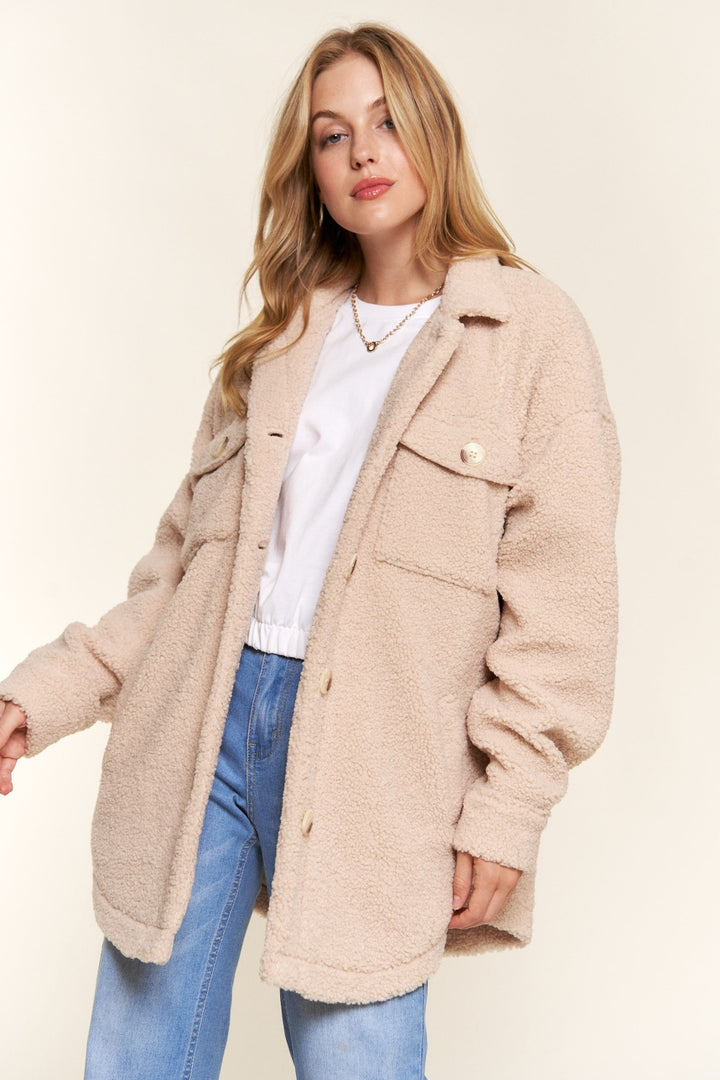 Natural And The Why Teddy Sherpa Button Down Curved Hem Shacket