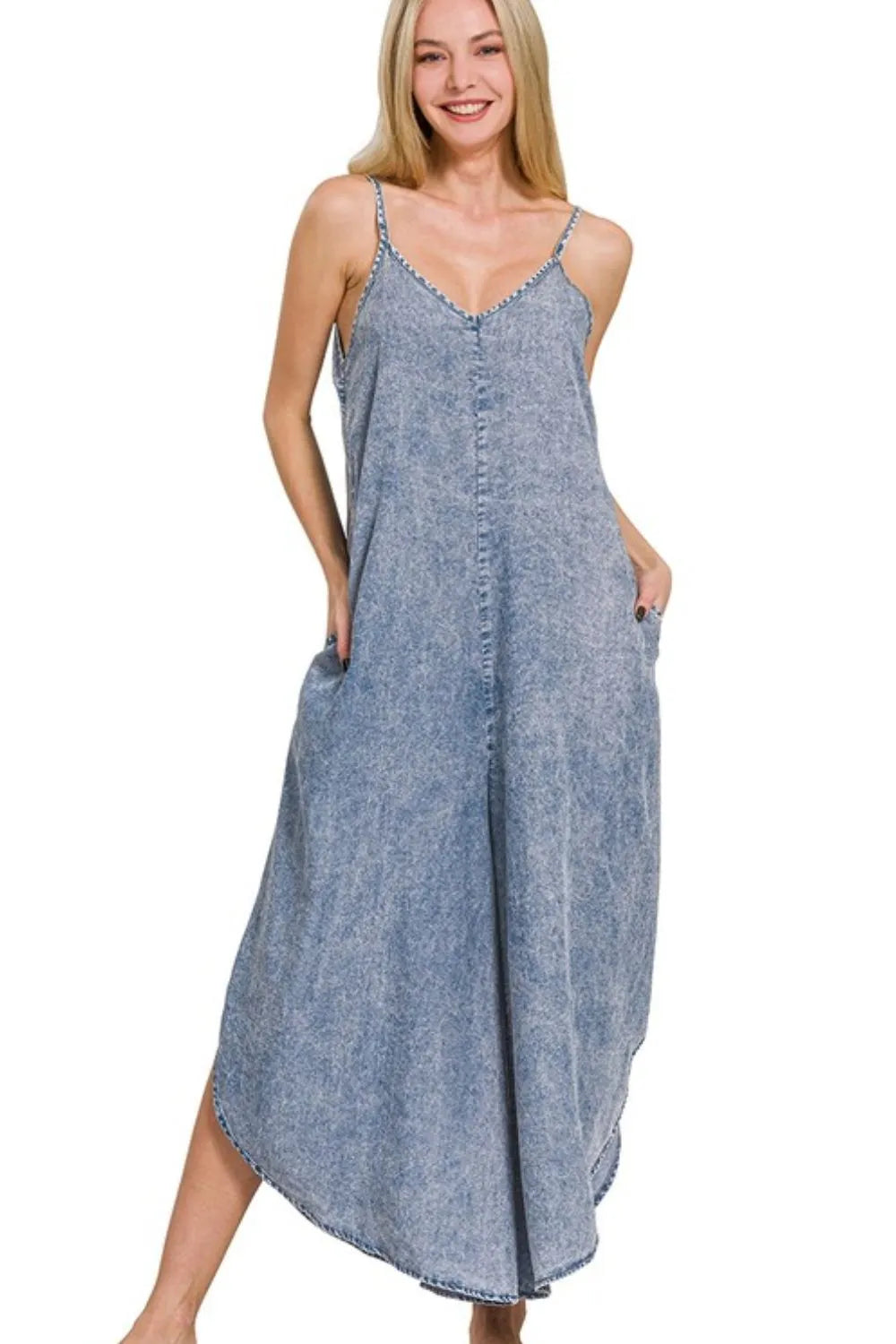 M Indigo Zenana Lyocell Acid Washed Jumpsuit