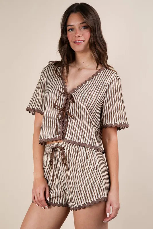 Very J Wave Trim Detail Knit Top Shorts Set