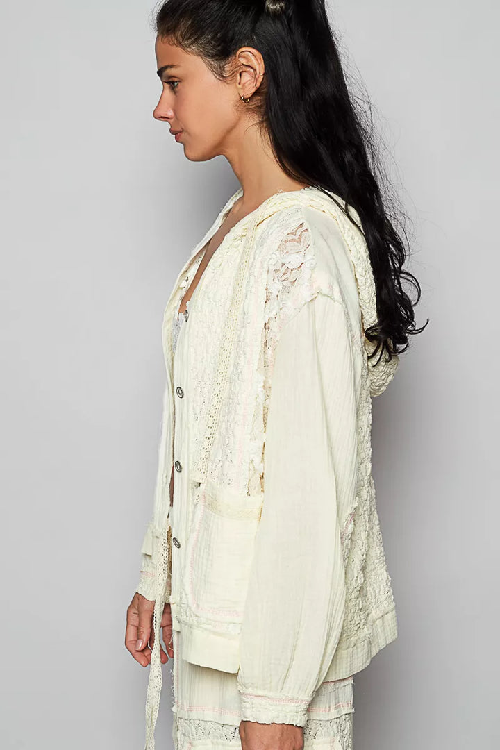 Natural Pol Exposed Seam Button Down Hooded Jacket With Lace Detail