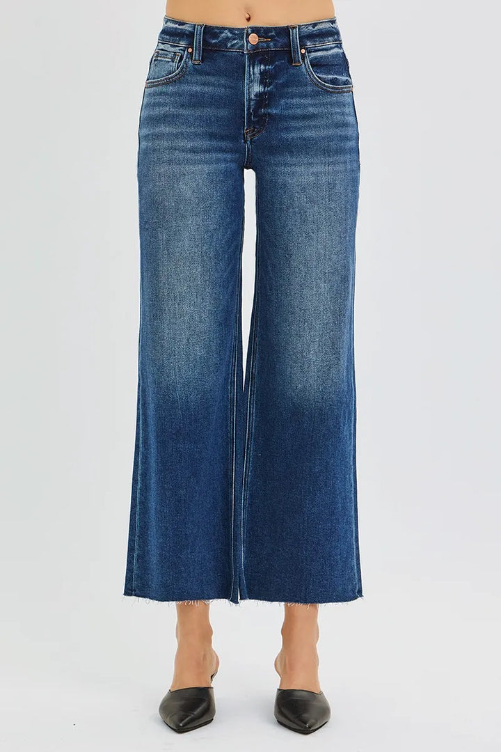 Dark Risen Full Size Mid Rise Crop Wide Raw Cut Hem Jeans Plus Size