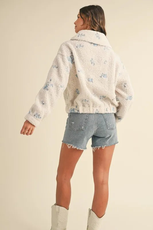 Cream Mable Floral Embroidered Fleece Teddy Jacket