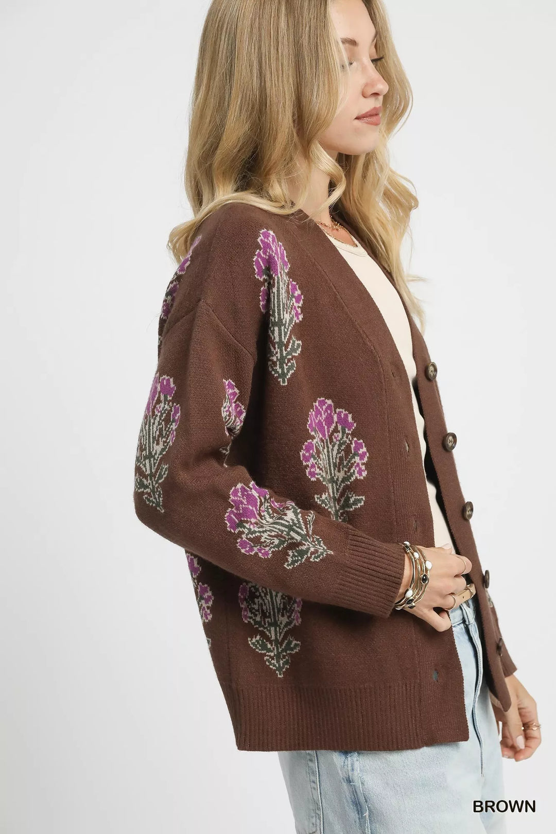 Brown Umgee Single Flower Stem Jacquard Cardigan Sweater