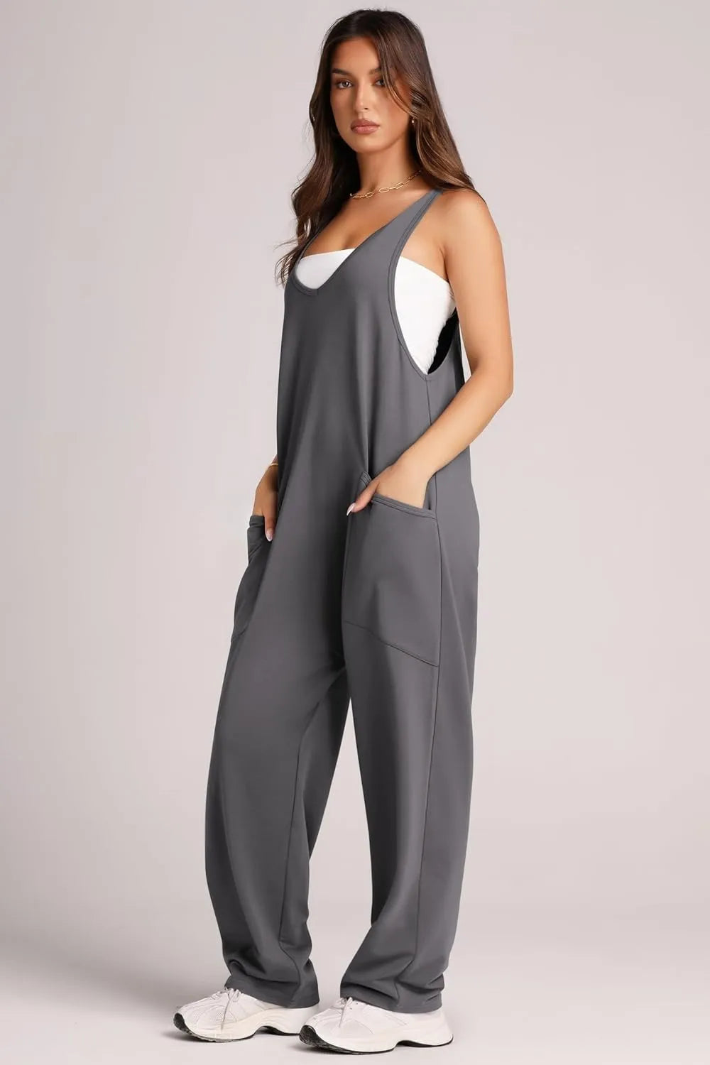 Gray Lovelet Wide Strap Jumpsuit With Pockets