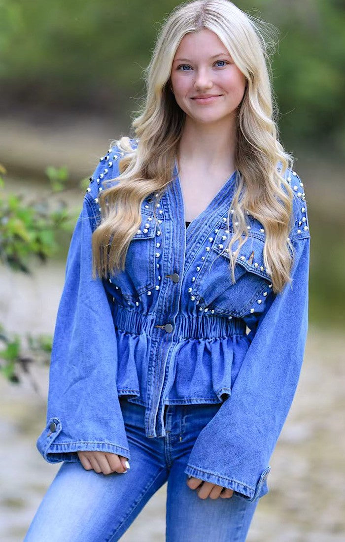 Blue Studded Detail V Neck Denim Jacket