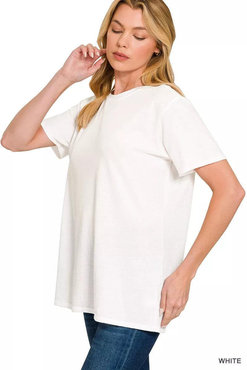 White Zenana Cotton Boyfriend Round Neck Tee