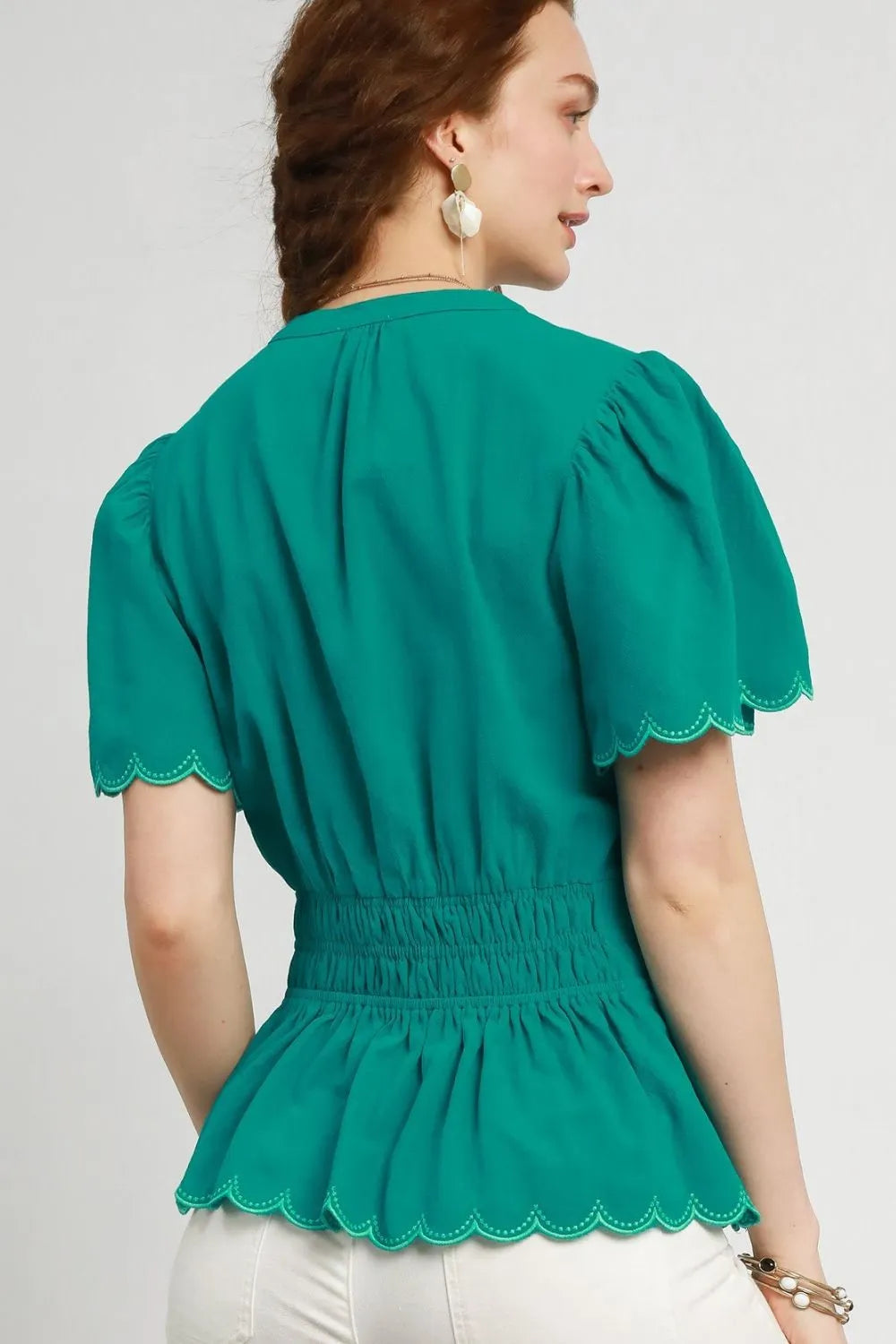 Turquoise Umgee Scalloped Edge Flutter Sleeve Blouse