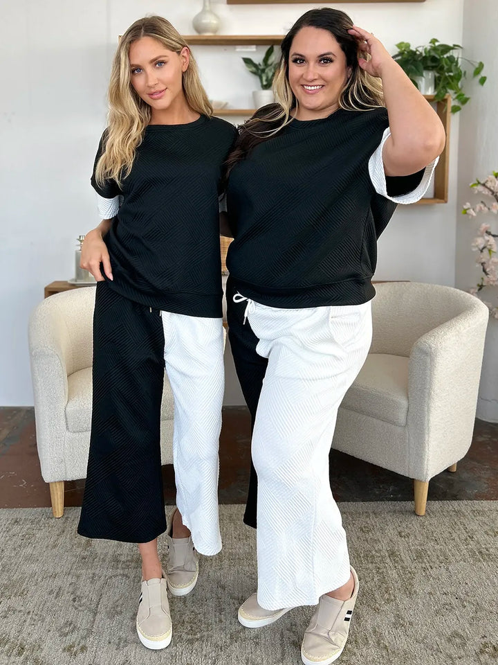 Light Gray Double Take Full Size Texture Contrast T Shirt And Wide Leg Pants Set