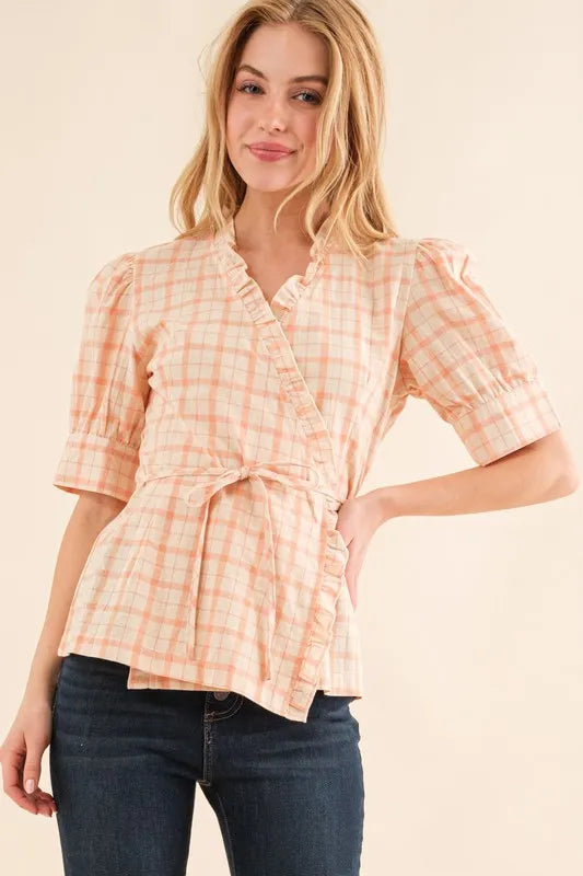 Salmon And The Why Plaid Patterned And Ruffled Wrap Blouse Top