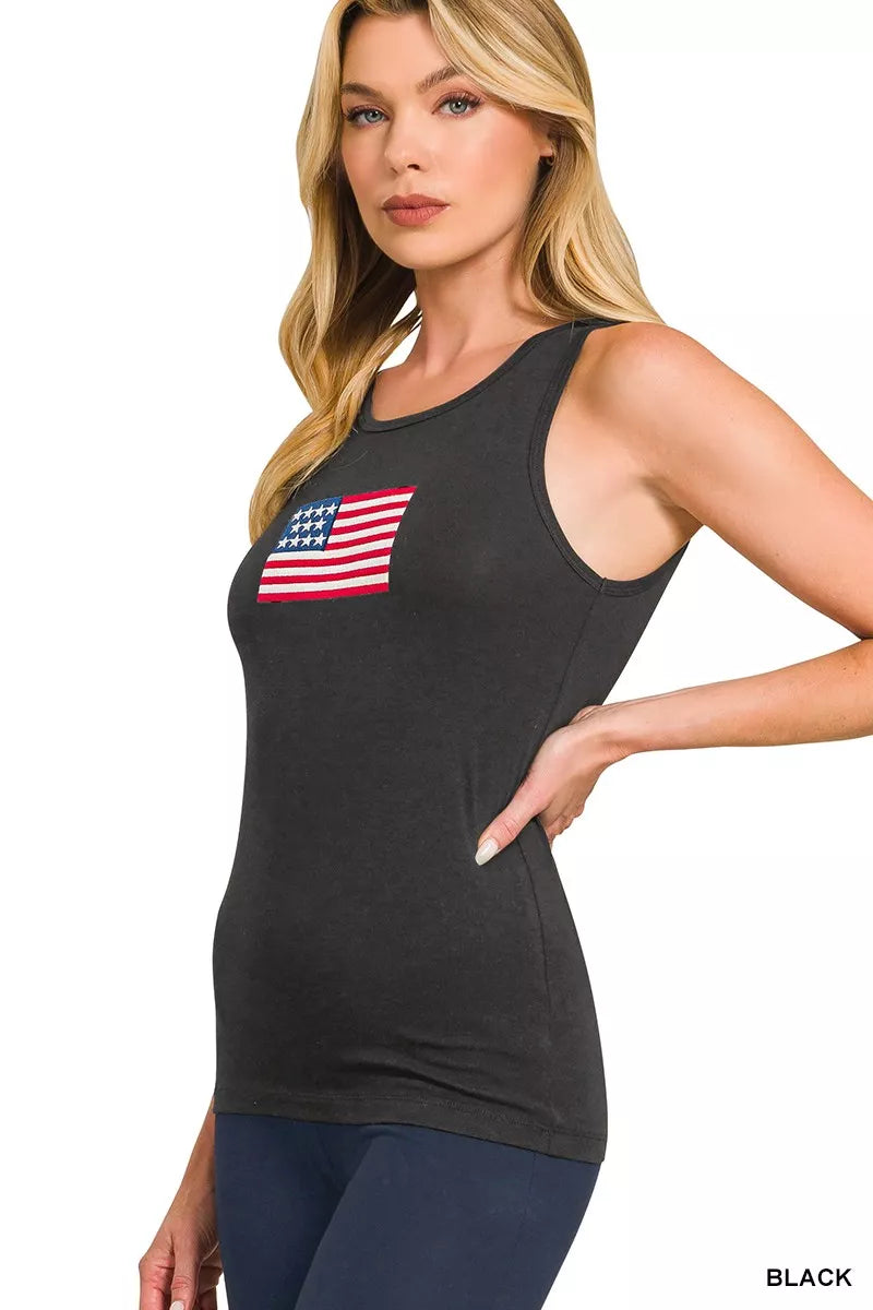 Black Zenana Double Scoop American Flag Embroidered Tank Top 1