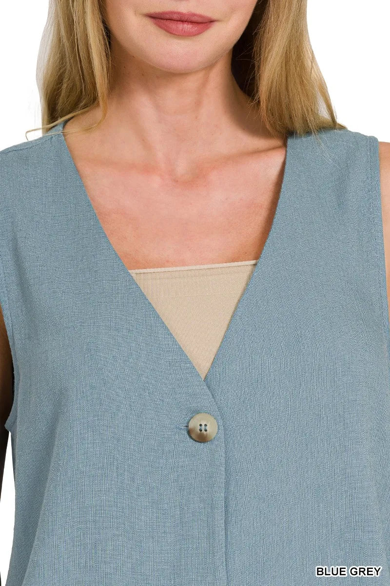 Blue Grey Zenana Side Slit Button Front Vest 1