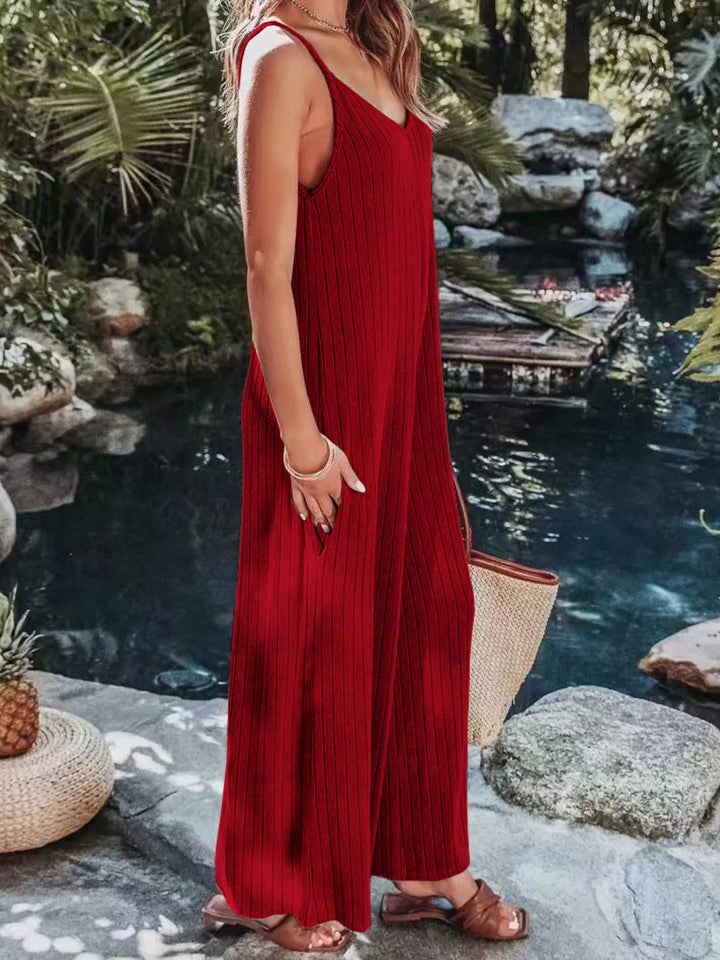 Deep Red Ribbed V Neck Wide Leg Jumpsuit