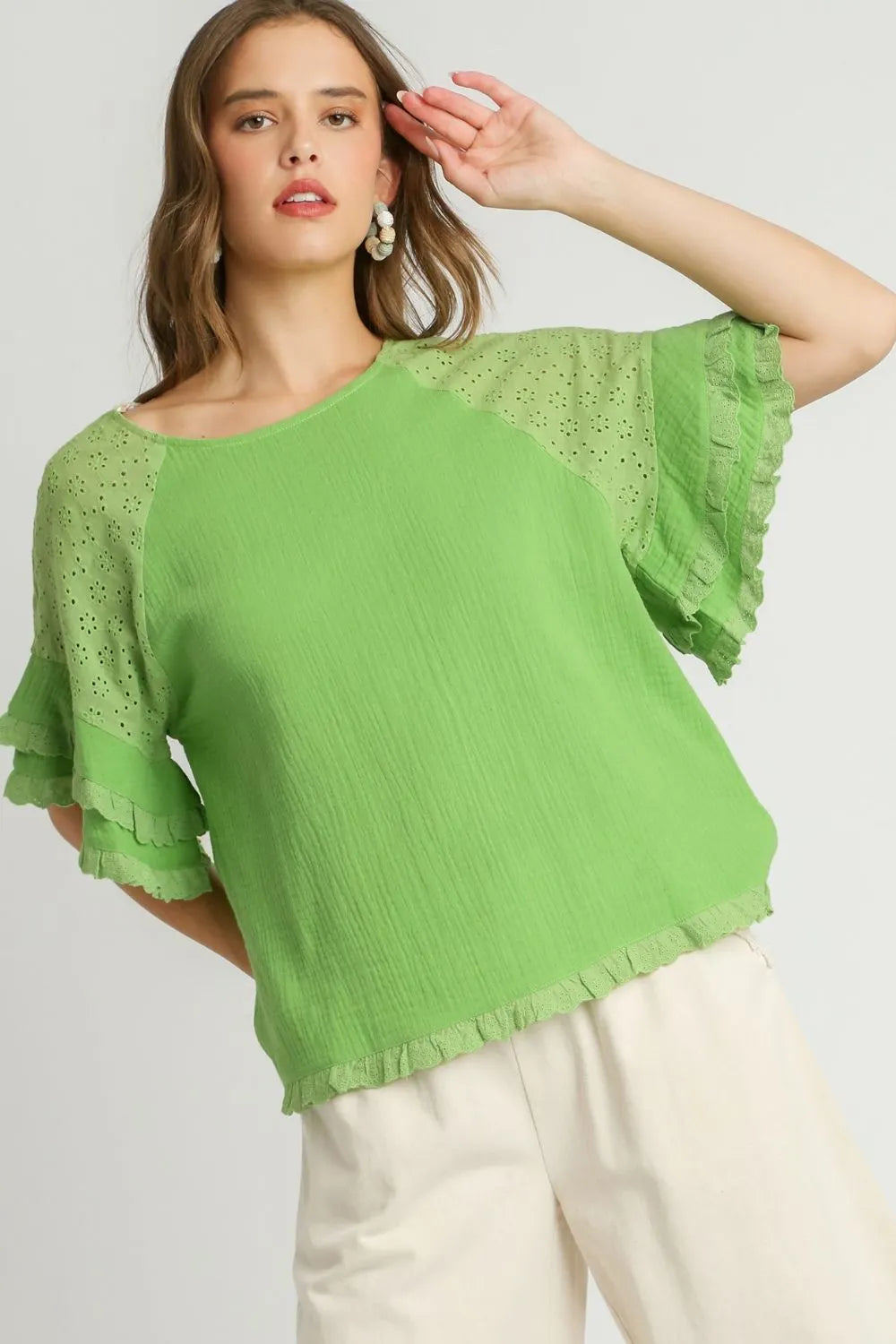 Lime Umgee Full Size Cotton Gauze Round Neck Ruffle Eyelet Layered Sleeve Blouse Plus Size