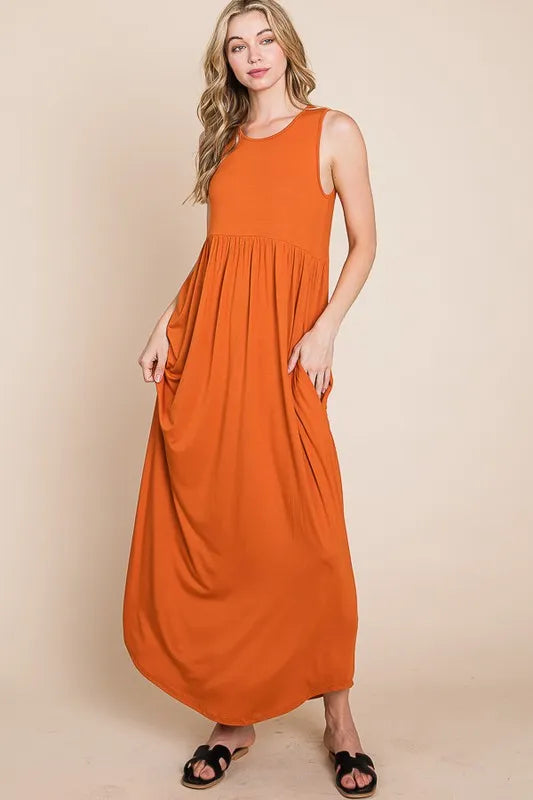 Rust Bombom Sleeveless Maxi Dress With Pockets