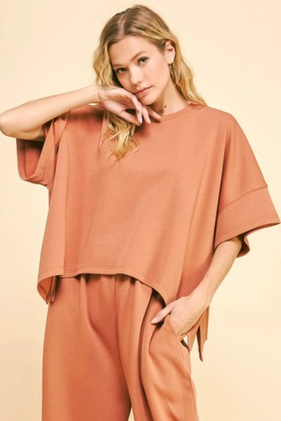 Sun Burn Brown Davi Dani Flowy Top And Elastic Waist Band Pants Set