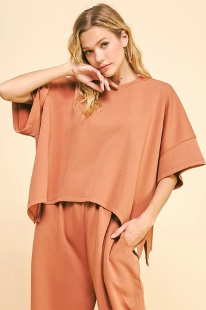 Sun Burn Brown Davi Dani Flowy Top And Elastic Waist Band Pants Set