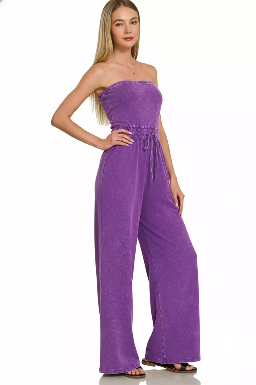 Violet Zenana Acid Washed Strapless Tube Top Jumpsuit 2