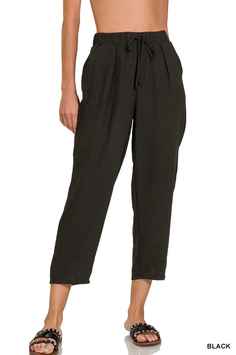 Black Zenana Woven Crepe Elastic Band Waist Pants