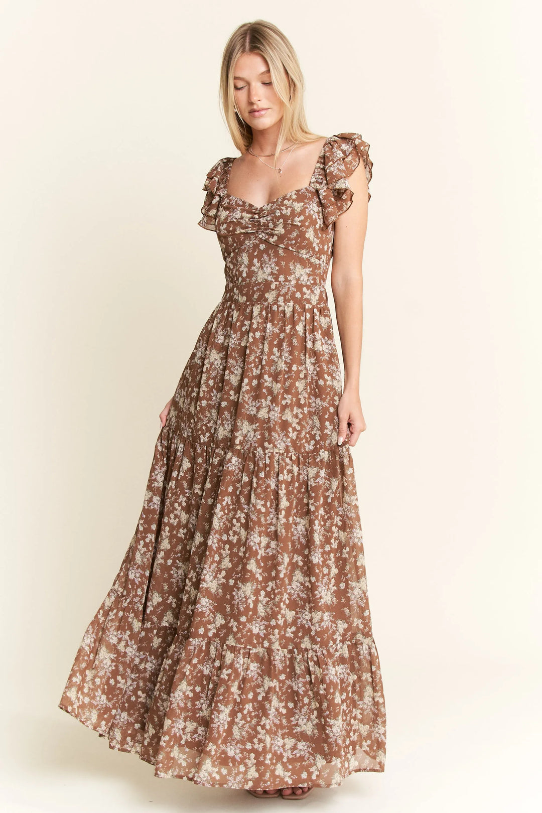 Mocha Jade By Jane Ruffle Sleeve Tiered Maxi Dress 1