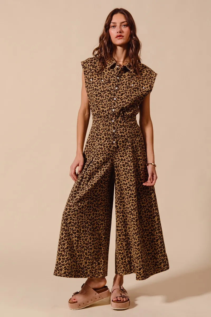 So Me Wide Leg Leopard Twill Overalls Jumpsuit With Tuck