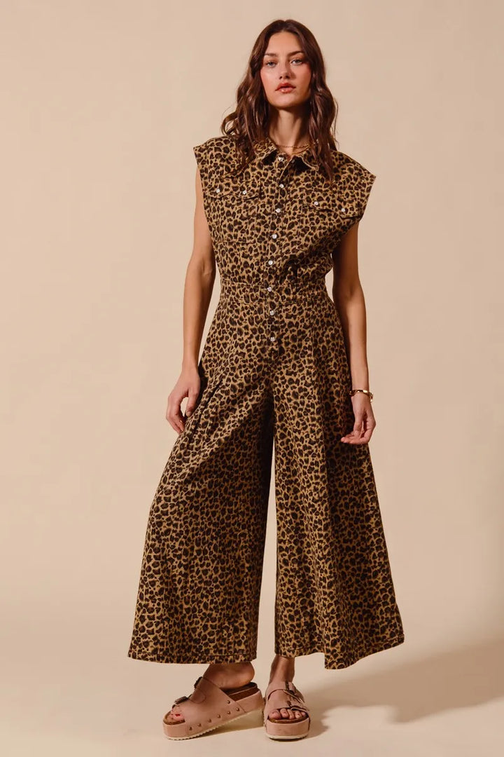 So Me Wide Leg Leopard Twill Overalls Jumpsuit With Tuck