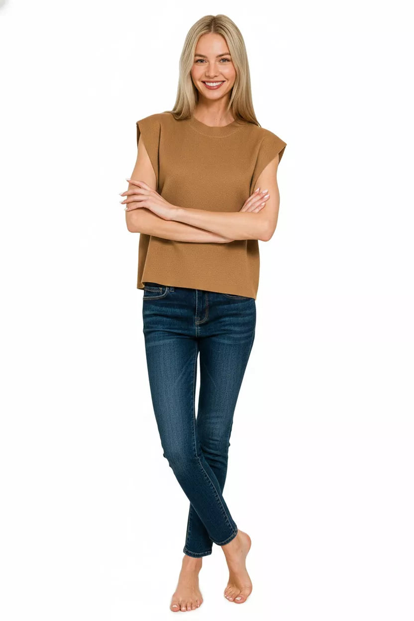 Deep Camel Zenana Round Neck Viscose Sweater Vest