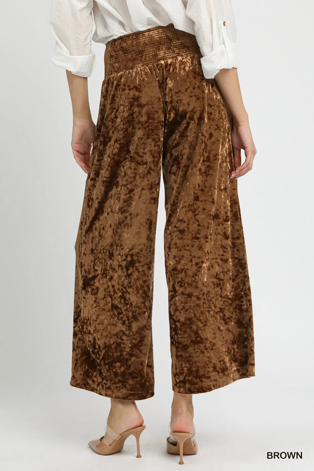Brown Umgee Velvet Smocked Waistband Wide Leg Pants