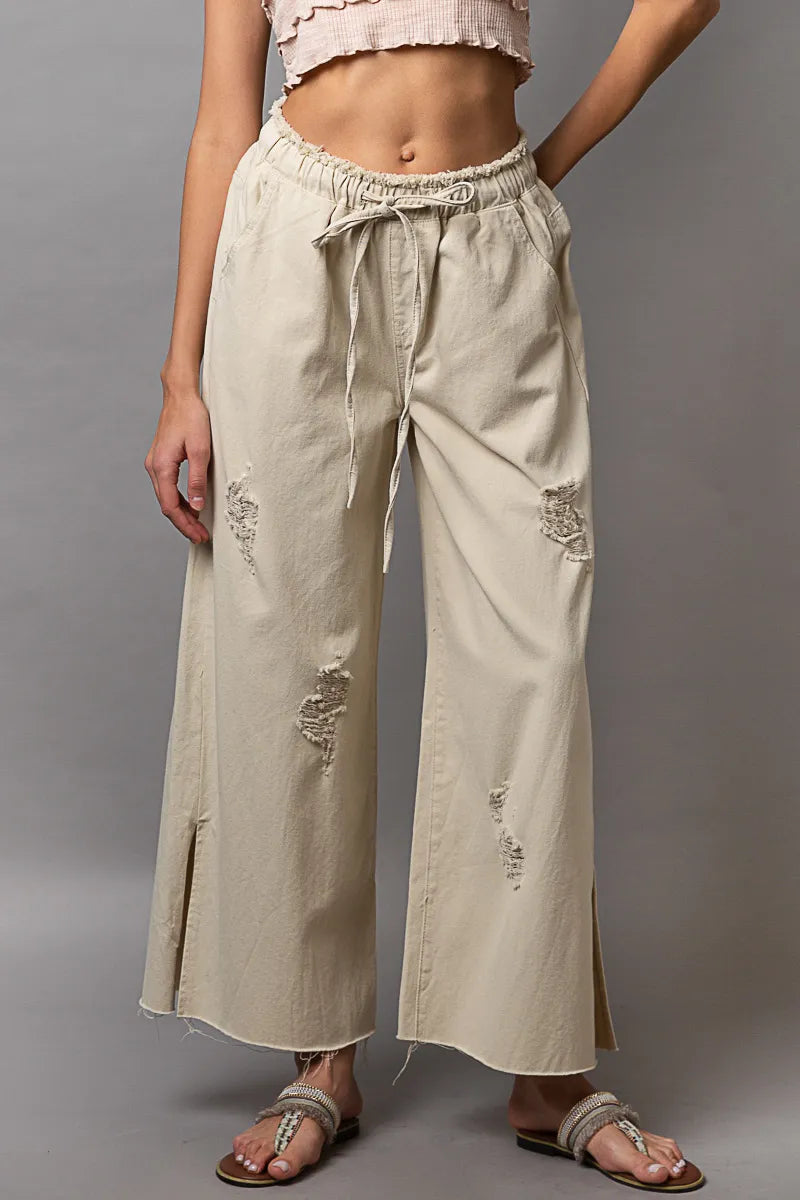 Cream Pol Distressed Drawstring Slit Wide Leg Pants