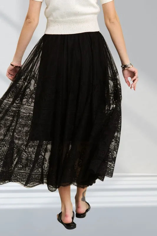 Black Adora Elastic Waist Raw Hem Lace Maxi Skirt