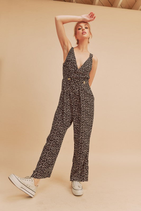 Black Aemi Co Ditsy Floral Surplice Sleeveless Wide Leg Jumpsuit 1