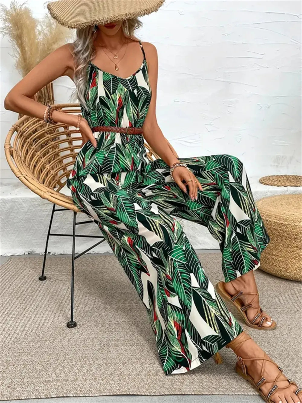 Dark Green Tropical Print Spaghetti Strap Wide Leg Jumpsuit