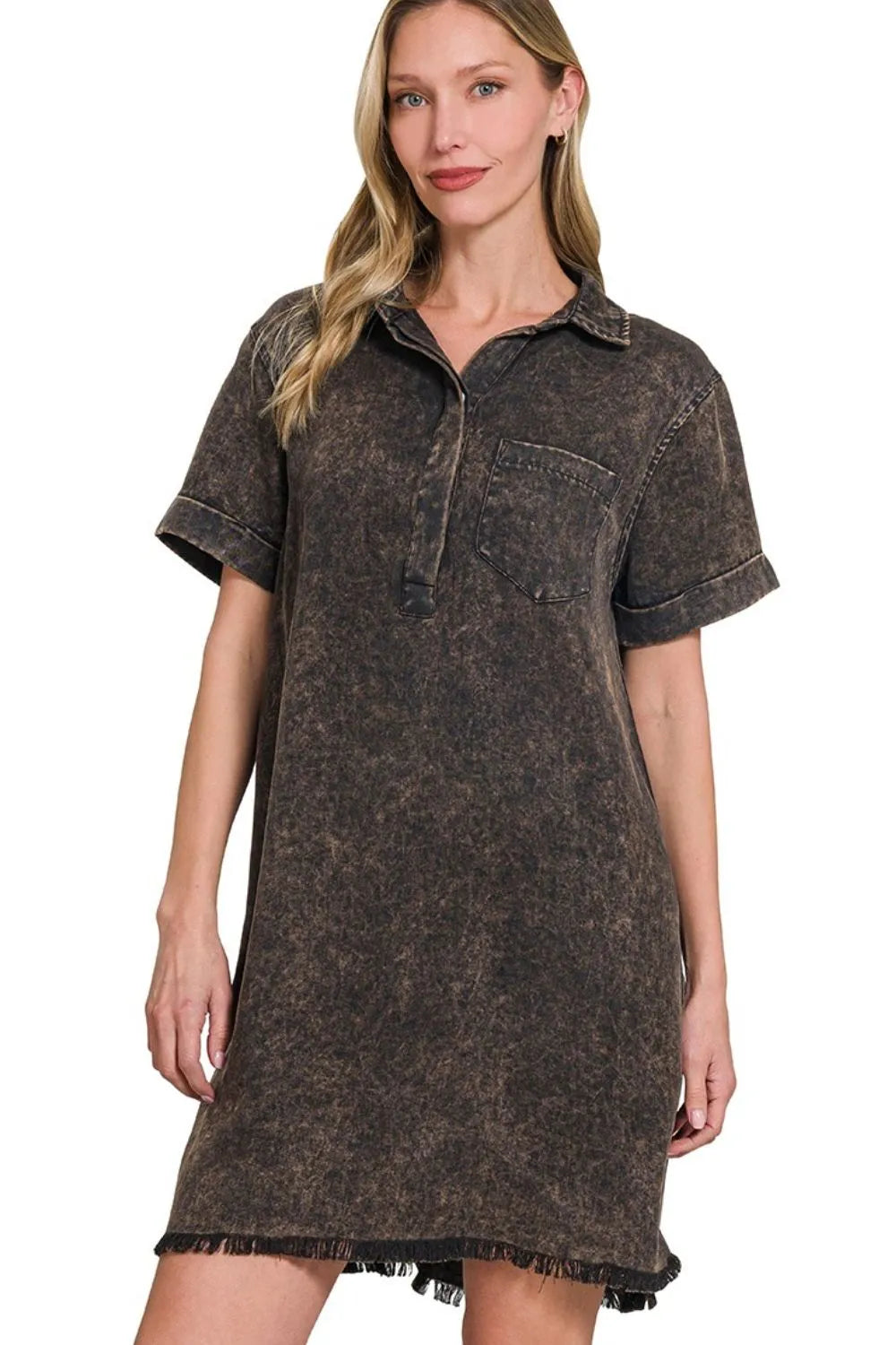 Ash Black Zenana Tencel Mineral Washed Collared Shirts Dress