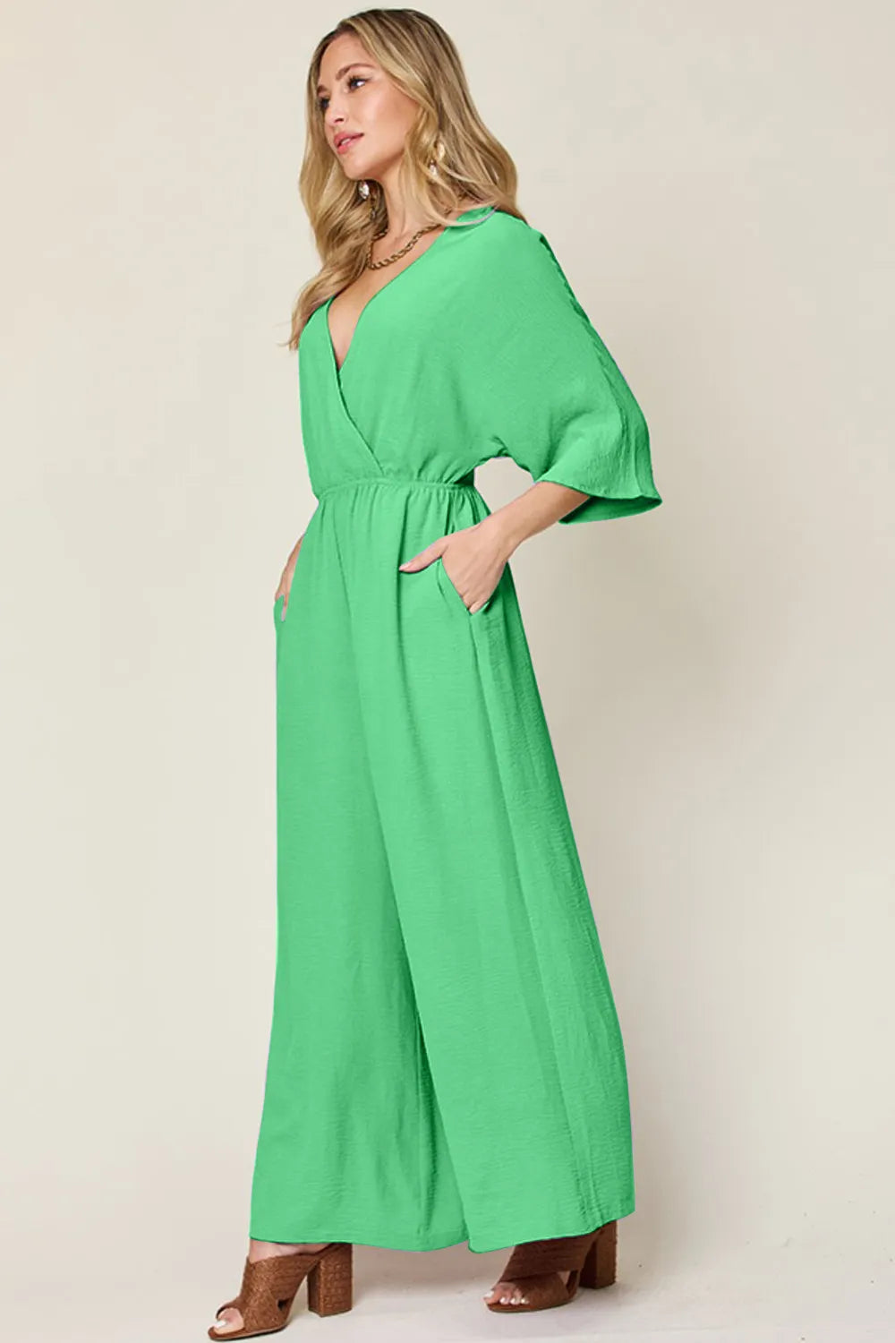 Lavender Double Take Full Size Surplice Wide Leg Jumpsuit With Pockets