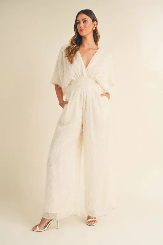 Cream Mable Fluffy Deep V Neck Wide Leg Jumpsuit 1