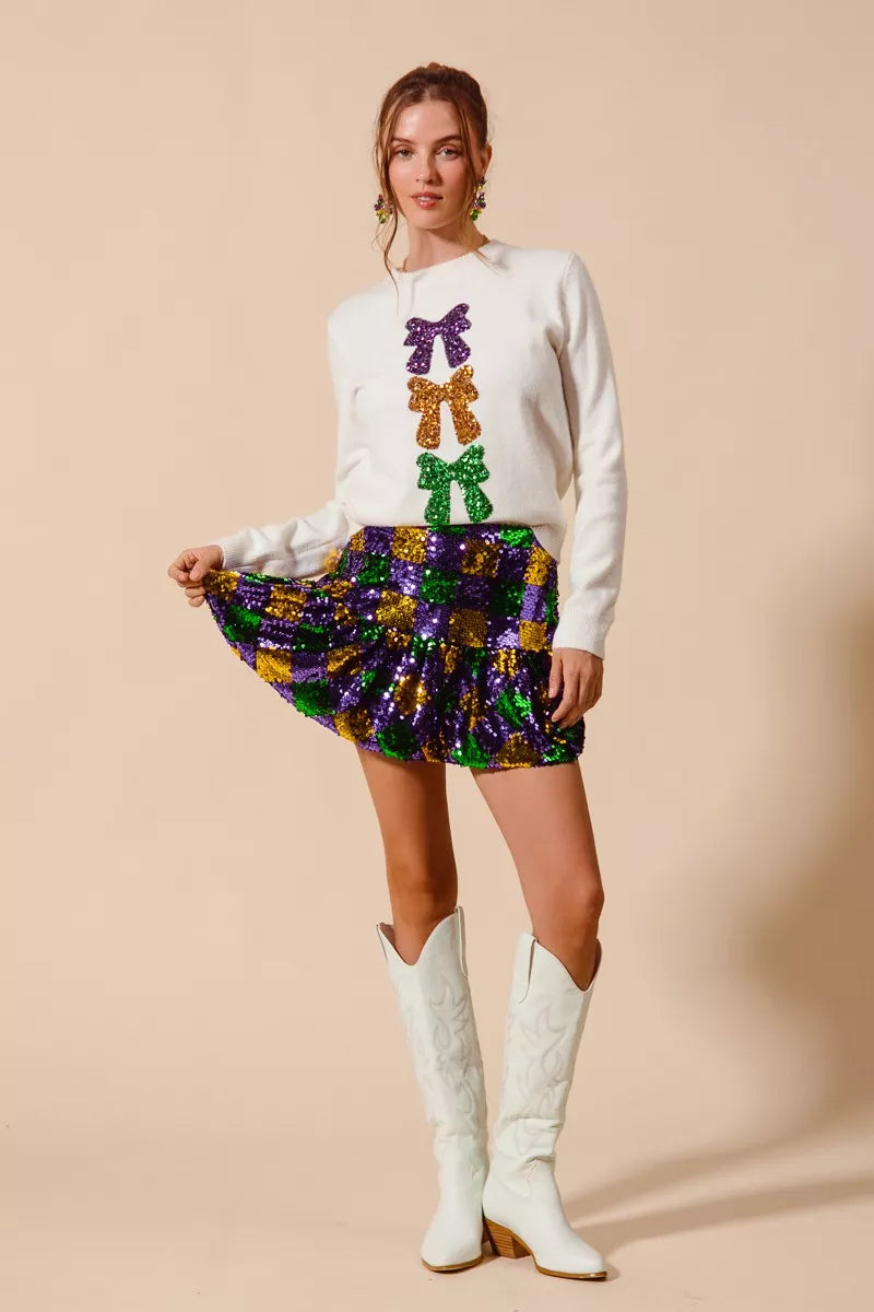 Purple/Gold/Green So Me Mardi Gras Checker Sequins Mini Skirt