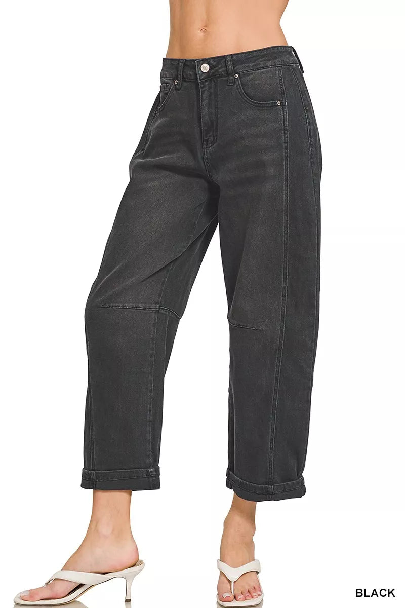 Black Zenana High Rise Barrel Leg Cropped Jeans