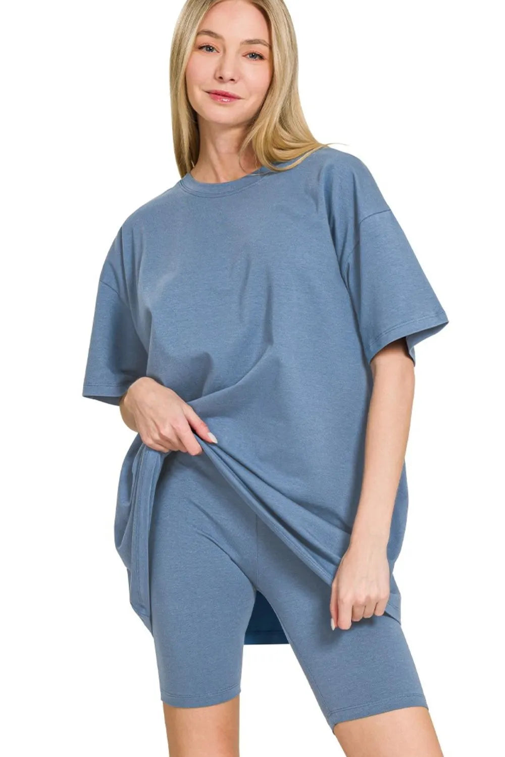 Dusty Blue Zenana Cotton Round Neck Top Biker Shorts 5