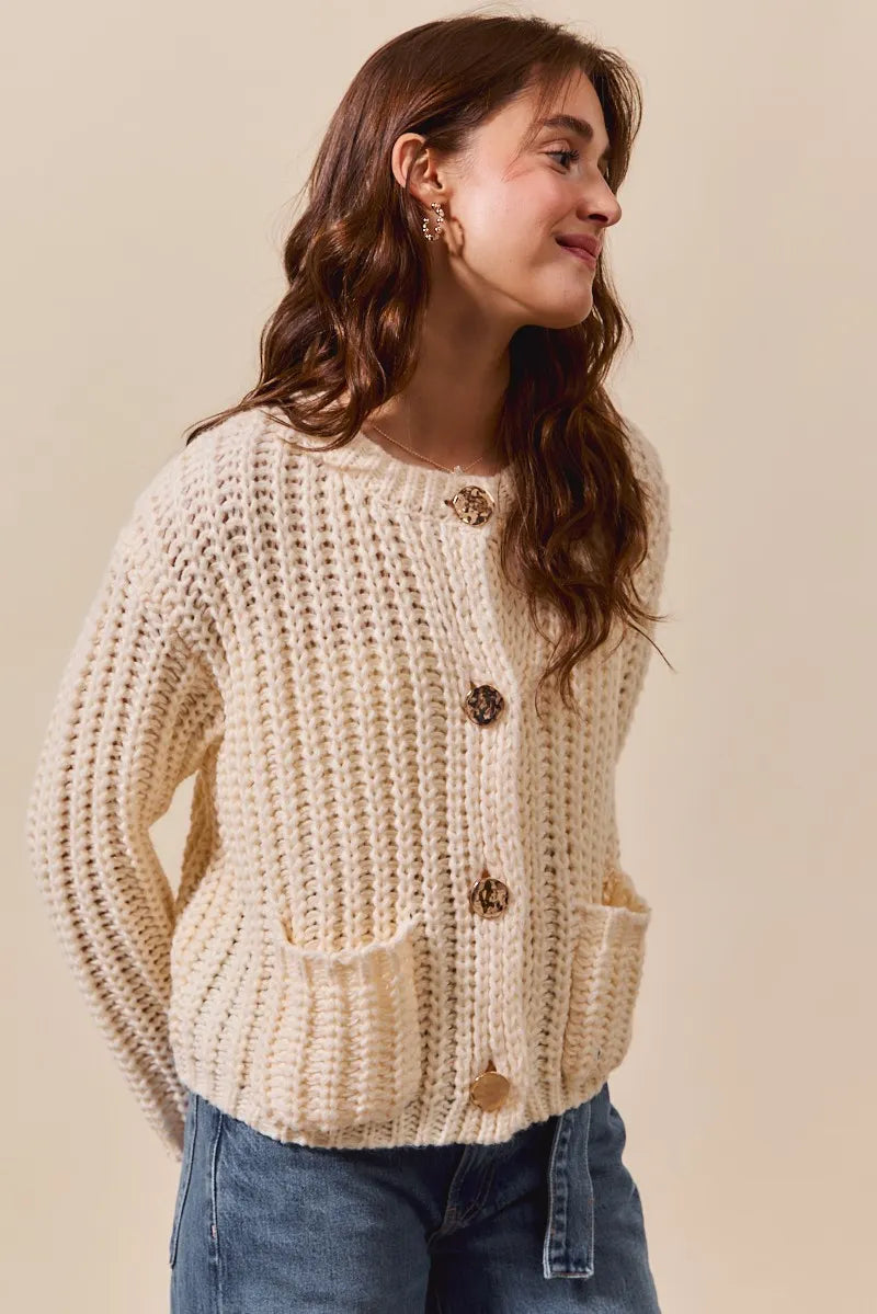 So Me Metal Button Long Sleeve Chunky Sweater Cardigan