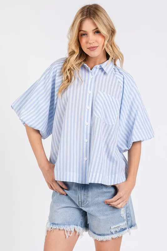 Mittoshop Button Down Striped Puff Sleeve Shirt