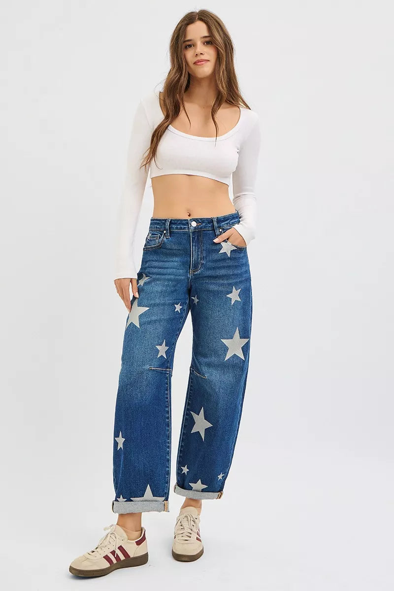 Dark Risen Mid Rise Ankle Length Relaxed Barrel Star Printed Jeans